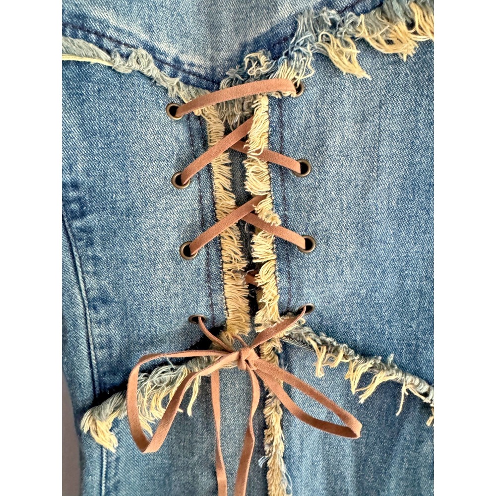 CIDER Women's L Lace Up Corset Distressed Wide Flare Fringe Jeans Y2K Festival - Picture 3 of 8